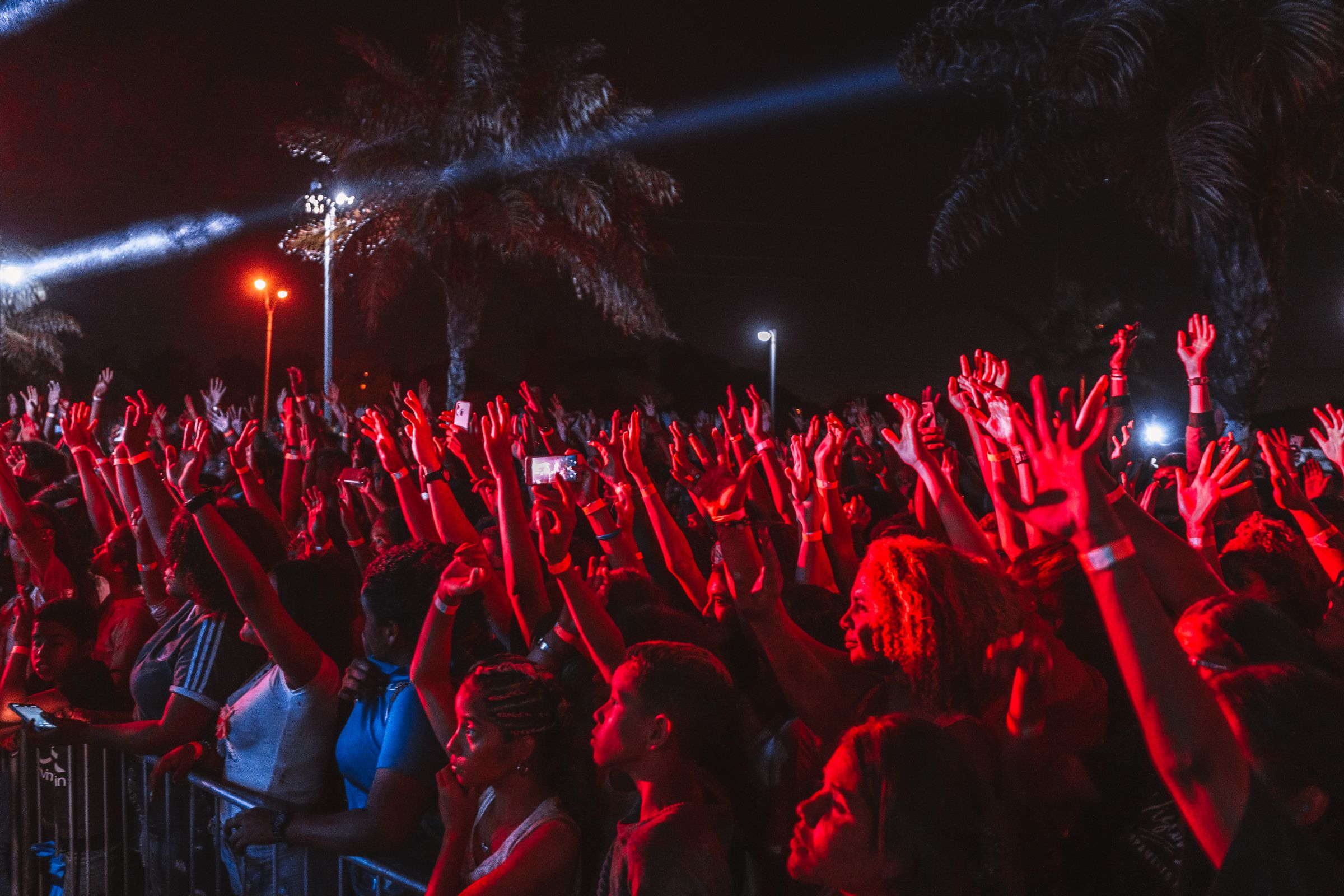 Audience raising their hands at an outdoor music event